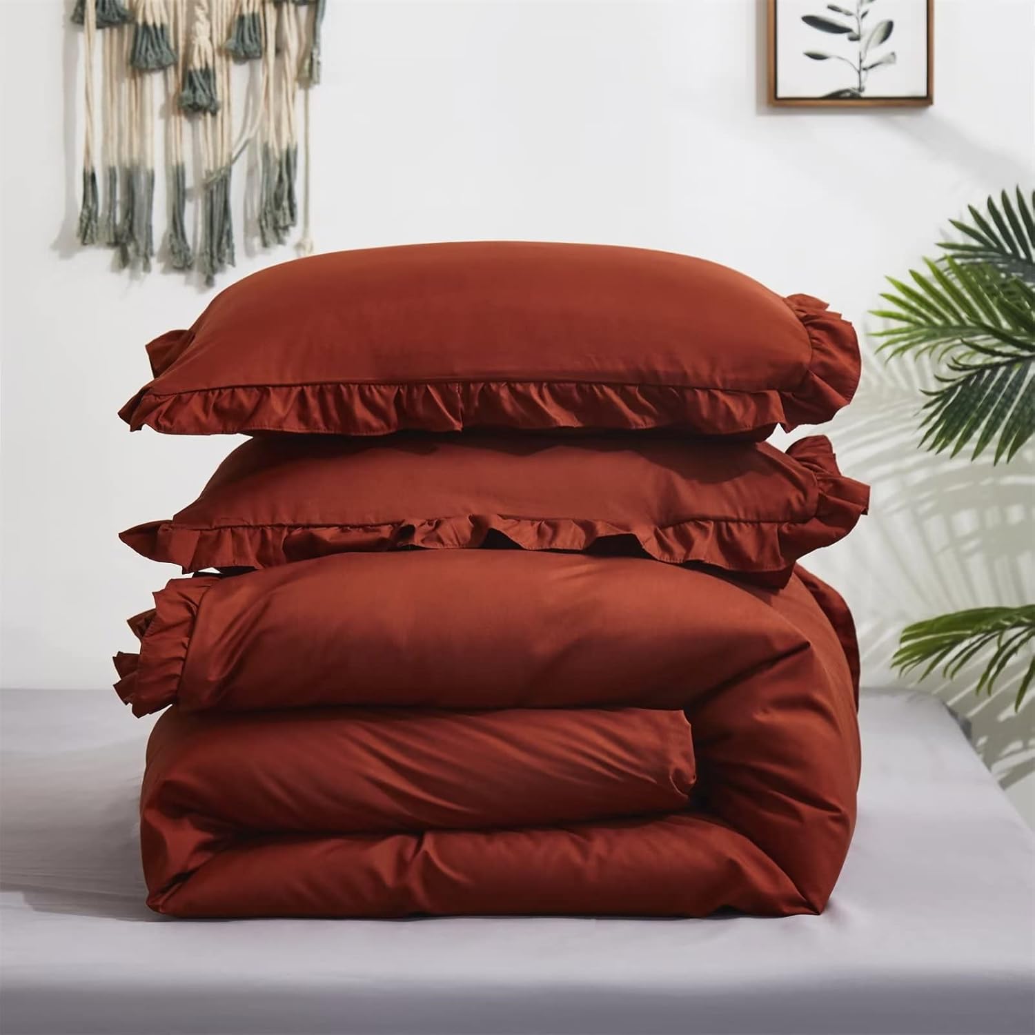 Houseri Juego de edredón de color naranja quemado con volantes, tamaño King, ropa de cama bohemia de color óxido, color naranja caramelo, terracota