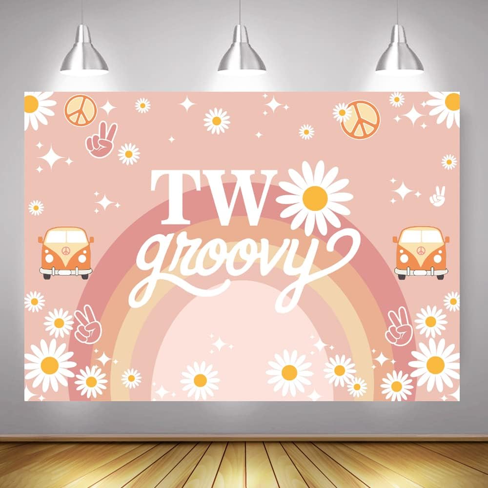 Mocsicka Fondo de 2 cumpleaños Groovy con texto en inglés “Two Groovy” para decoración de fiesta de cumpleaños de 2 cumpleaños, margarita, hippie,