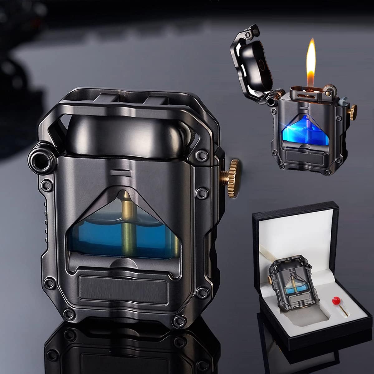 Encendedor de trinchera con luz LED azul, encendedor mecánico transparente novedoso, regalos únicos para hombres (negro)