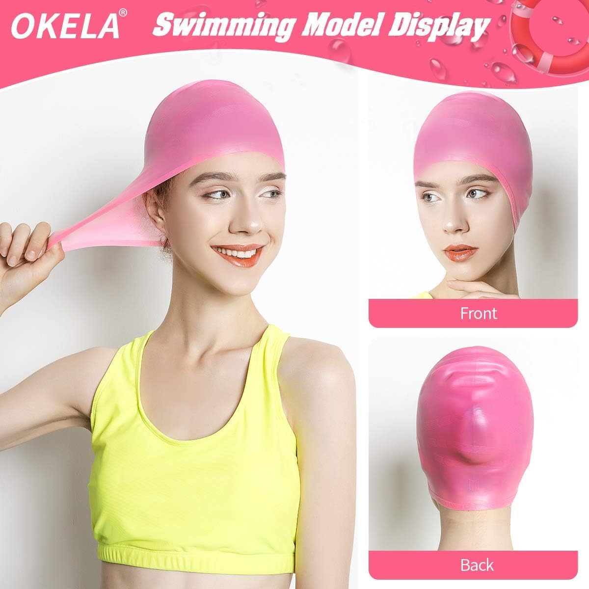 Okela Gorro de natación de silicona para mujeres y hombres, cómodo gorro de baño largo, con bordes reforzados, diseño a prueba de desgarros,