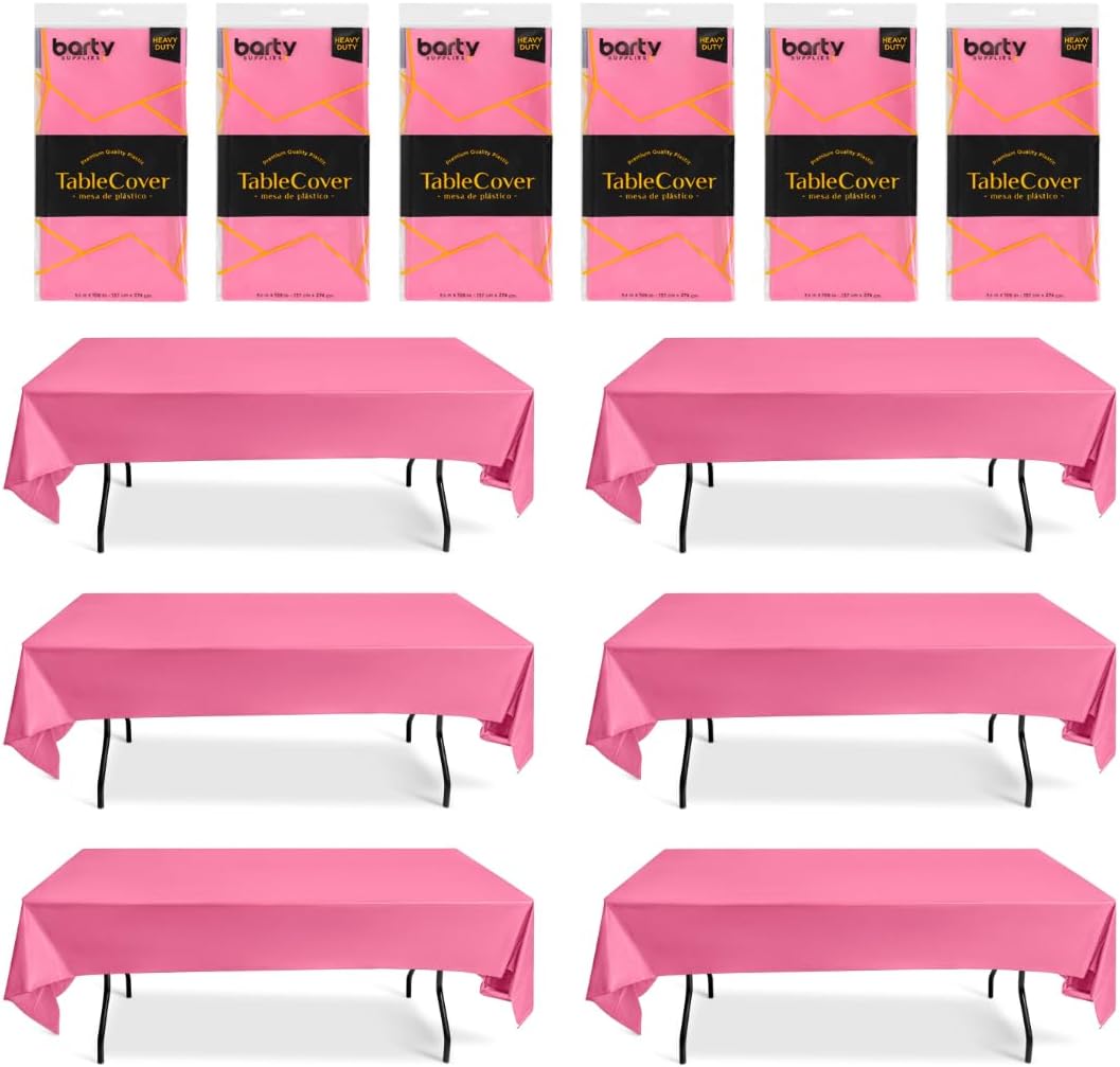 Manteles de plástico rosa para fiestas, paquete de 6, mantel grueso de plástico rosa bueno para bodas, cumpleaños, picnic y campamentos, también 12