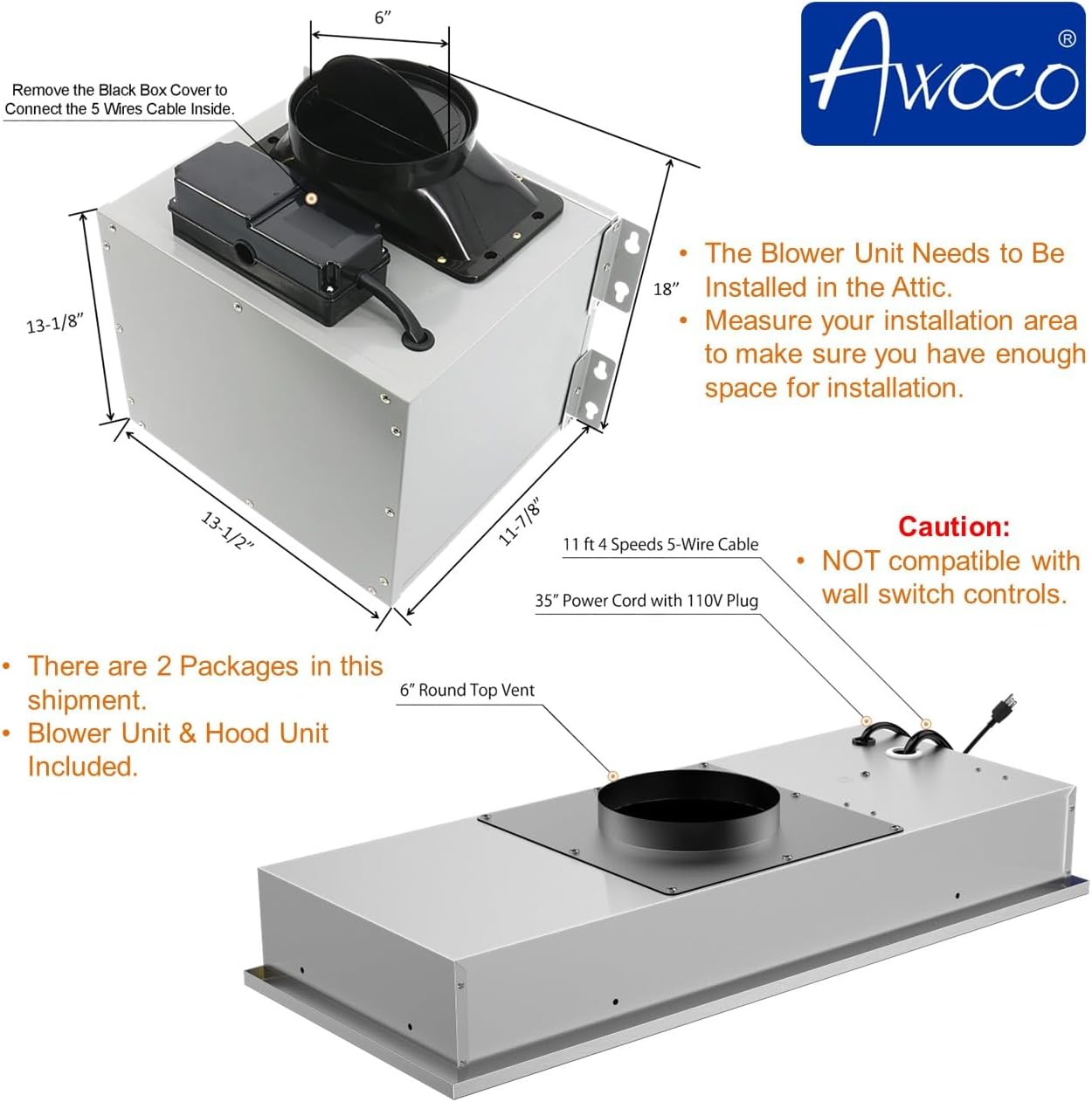 Awoco Campana extractora de acero inoxidable súper silenciosa de 14-12 pulgadas de profundidad, 4 velocidades, 800 CFM, luces LED, filtros de malla