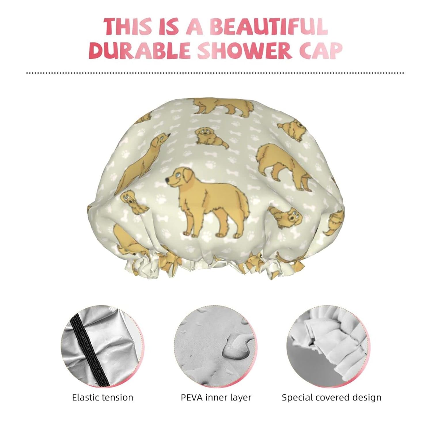 Golden Retriever Dogs Pattern Shower Caps Reusable Bath Cap Double Layers Waterproof Shower Cap for Women Long Hair