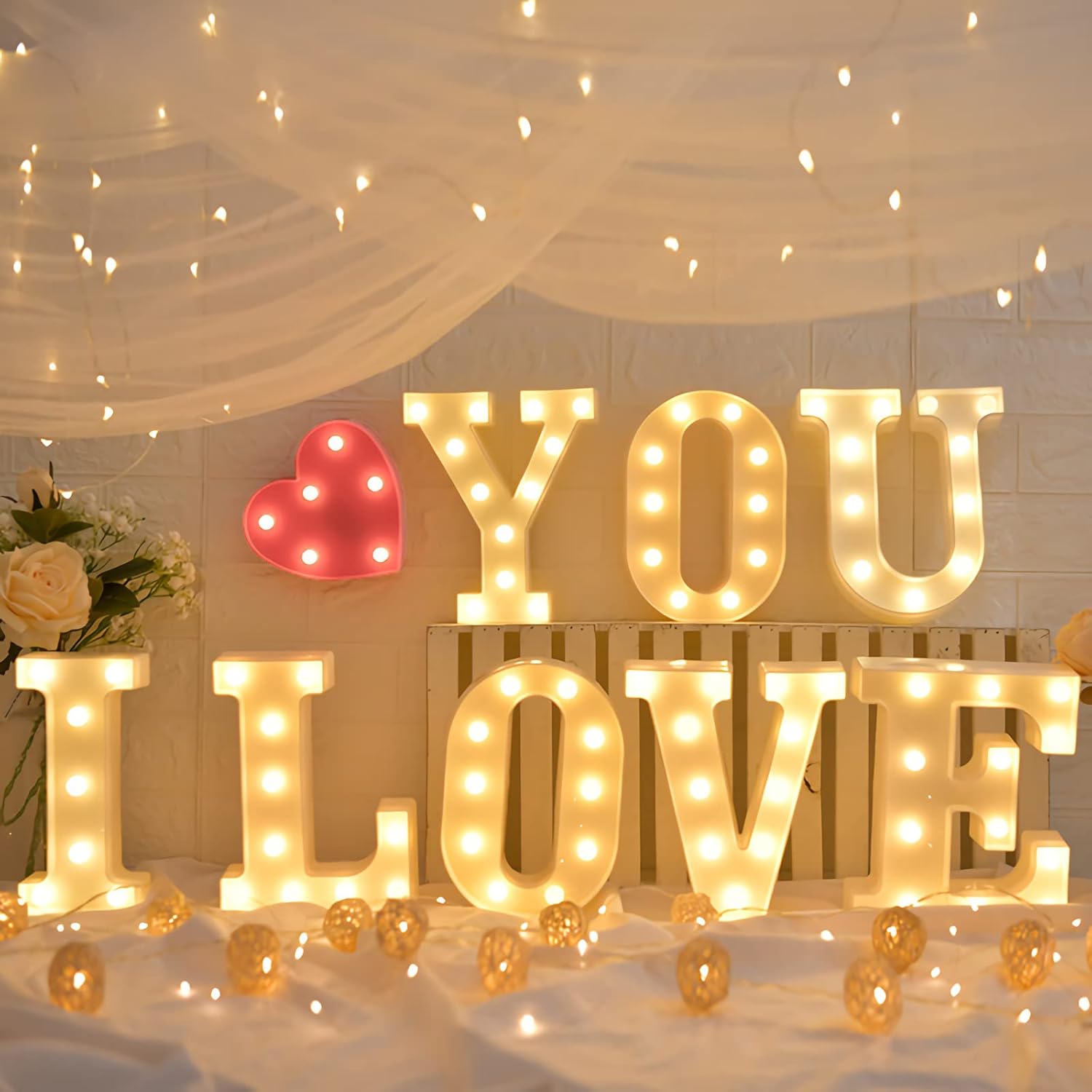 Letras iluminadas de marquesina  Letrero de luz LED para decoración de propuesta, compromiso, boda, cumpleaños, hogar, mesa, decoración de corazón