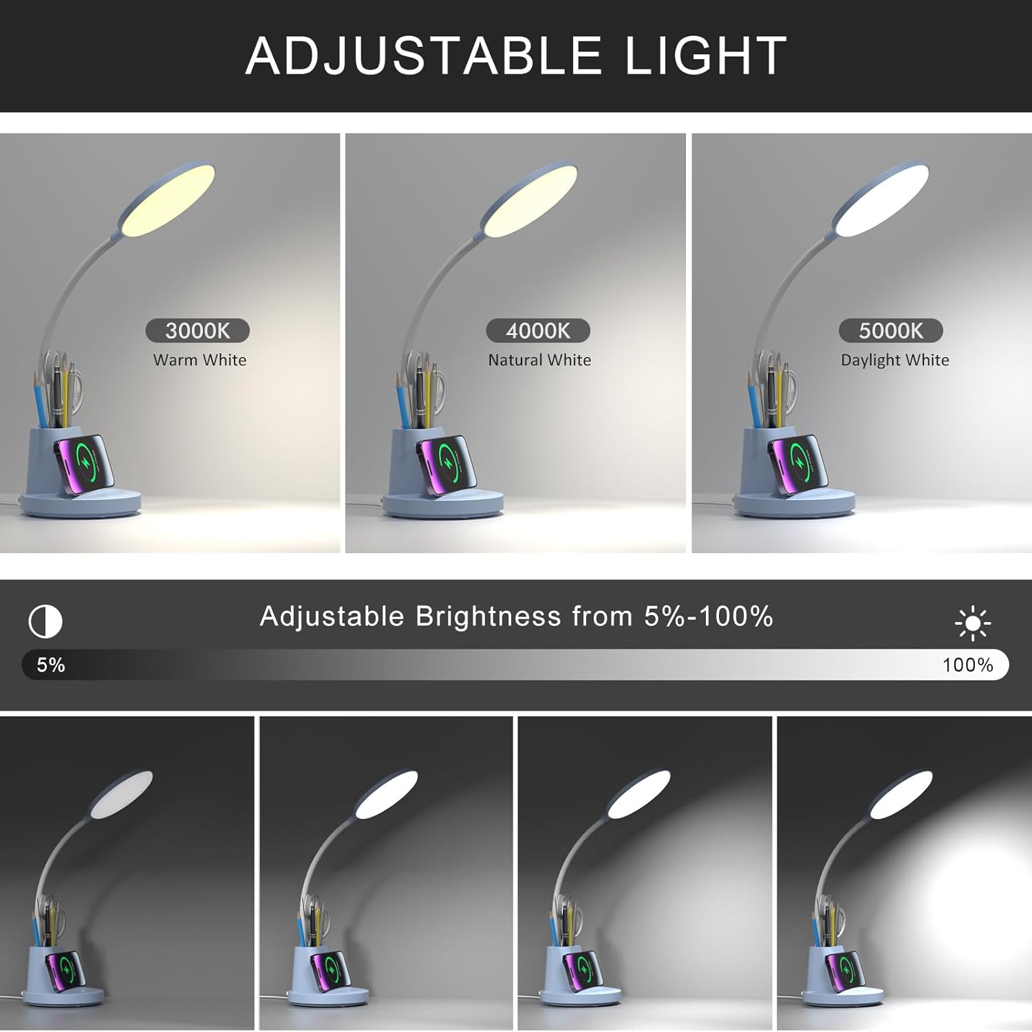 Lámpara LED de escritorio con cargador inalámbrico para oficina en casa, pequeña con soporte para bolígrafo, 800 lúmenes, 3 modos de color, cuello