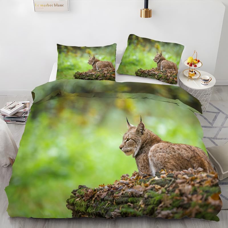 Animal Grass Green California King Duvet Cover Lynx Print Bedding Soft Microfiber Comforter Cover and 2 Pillow Shams 20″X36″, Bed Set Duvet Covers
