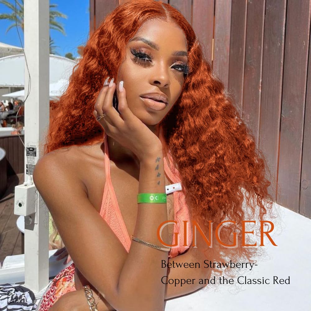 Ginger Deep Wave Closure 14 pulgadas, cobre naranja quemado 350 4×4 cierre de encaje transparente cabello humano prearrancado con cabello de bebé