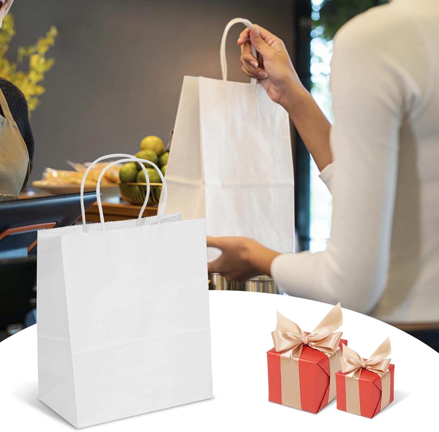 TOWRAP Bolsas de regalo blancas, 100 bolsas de papel de 9 x 5.9 x 9.84 pulgadas con asas a granel, bolsas de compras, bolsas de fiesta, bolsas de