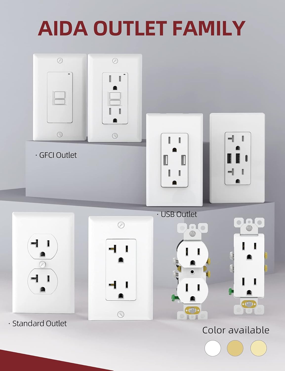 AIDA Toma de corriente dúplex, tomas TR, residencial, 3 cables, conexión a tierra, 15 amperios 125 V, certificación UL, blanco (paquete de 10)