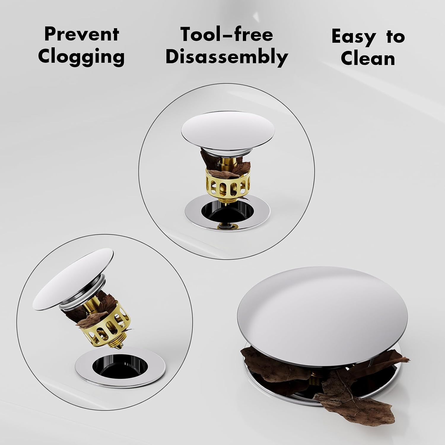 Drenaje de fregadero para baño, drenaje desplegable con tapón de cesta desmontable, filtro de drenaje antiexplosión y antiobstrucción, cromado, sin