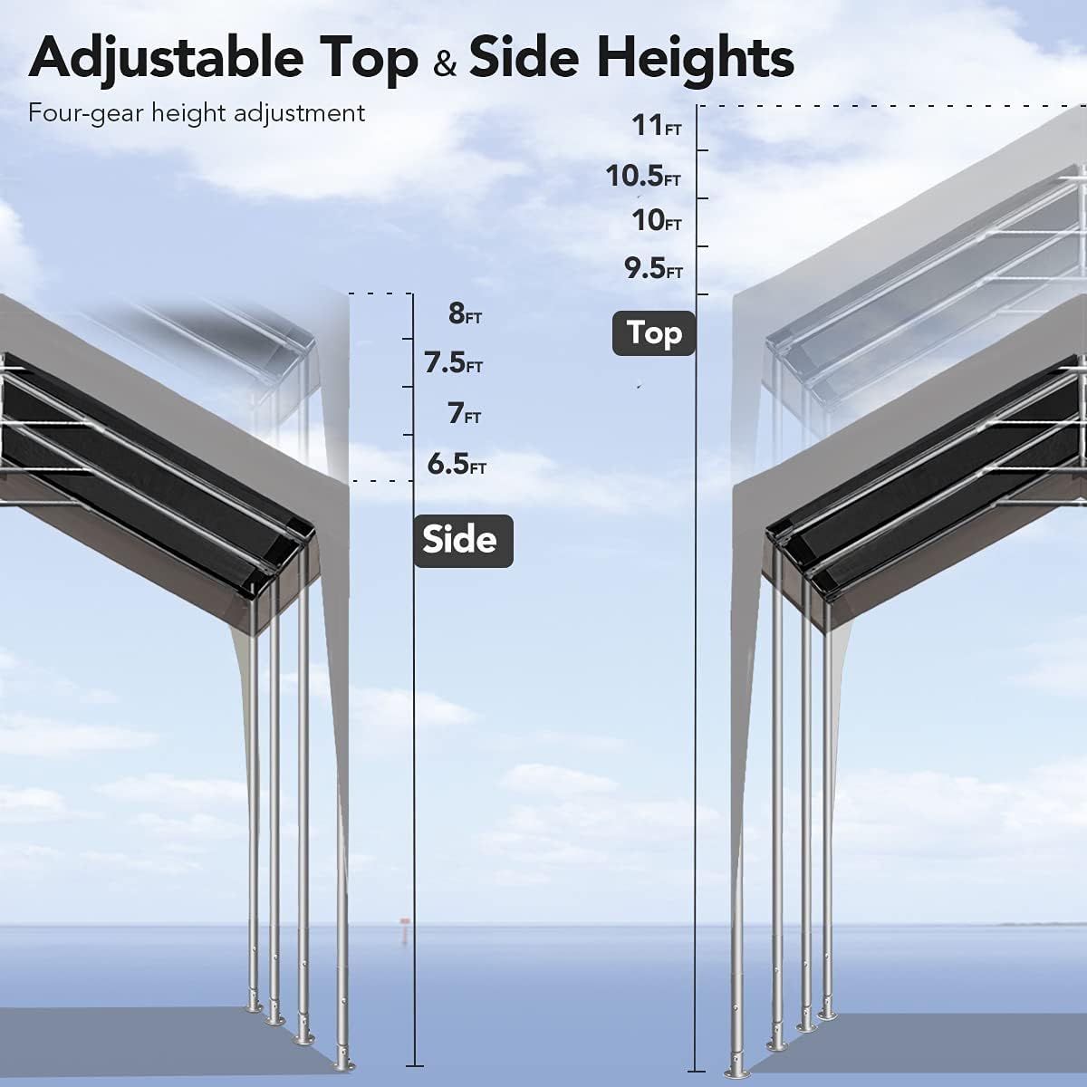 ADVANCE OUTDOOR Cochera resistente de 10 x 20 pies con paredes laterales de ventanas, altura ajustable de 9.5 pies a 11 pies, toldo para automóvil,