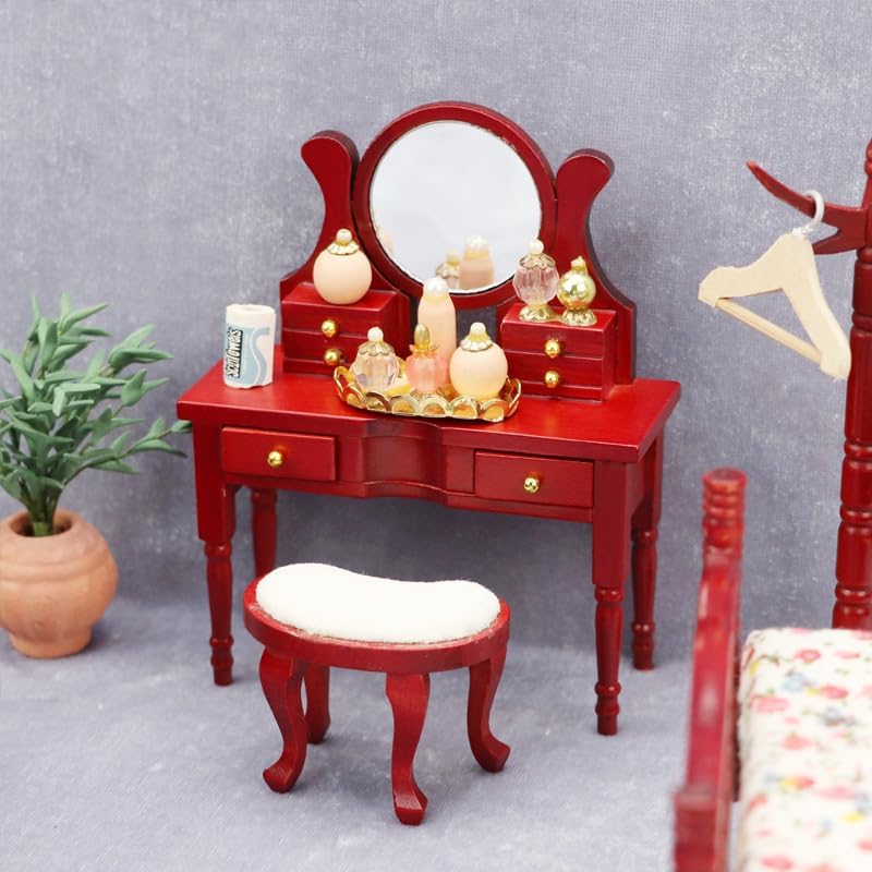AirAds casa de muñecas a escala 112, muebles en miniatura, taburete rojo con espejo de tocador, juego de 2