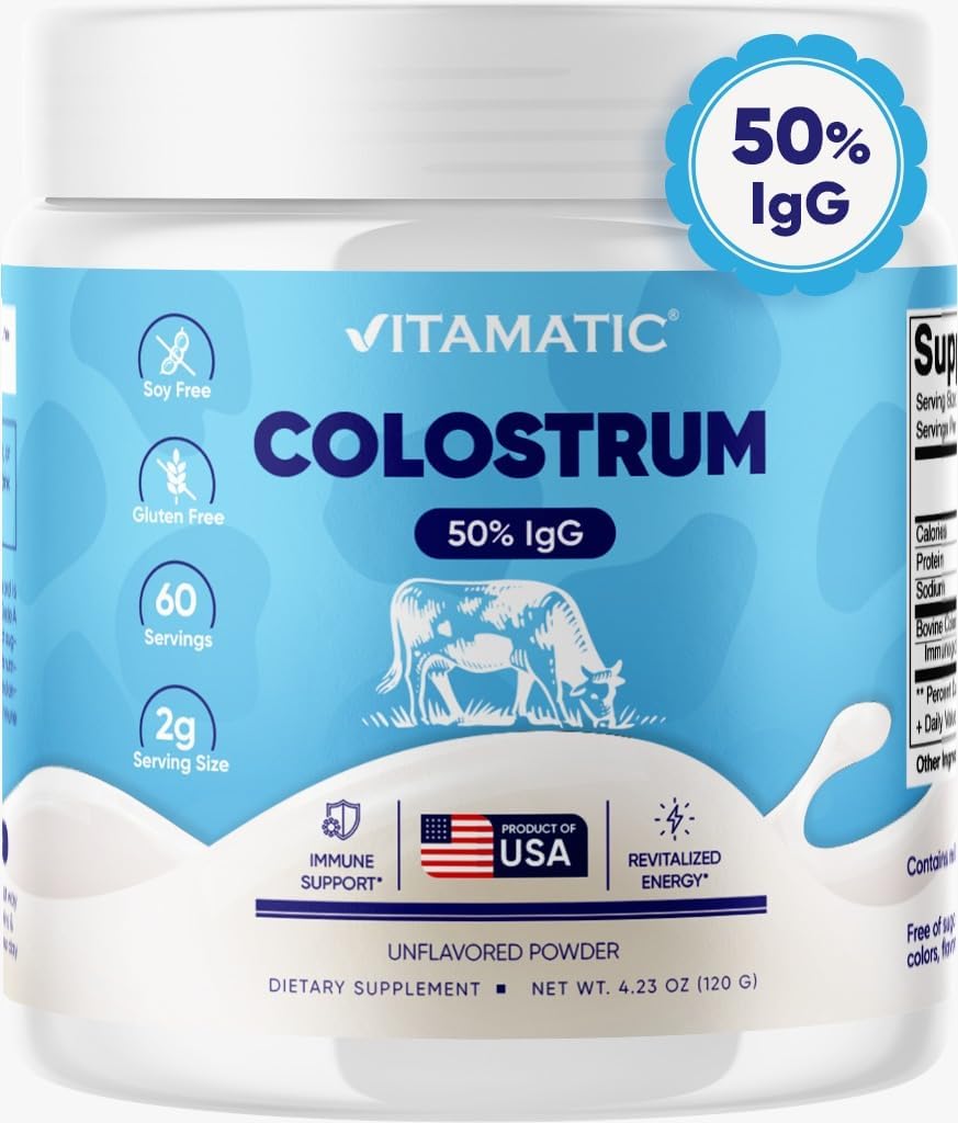 Vitamatic Polvo de calostro bovino  50% más alto de IgG  Suplemento para la salud intestinal, crecimiento del cabello, belleza, recuperación