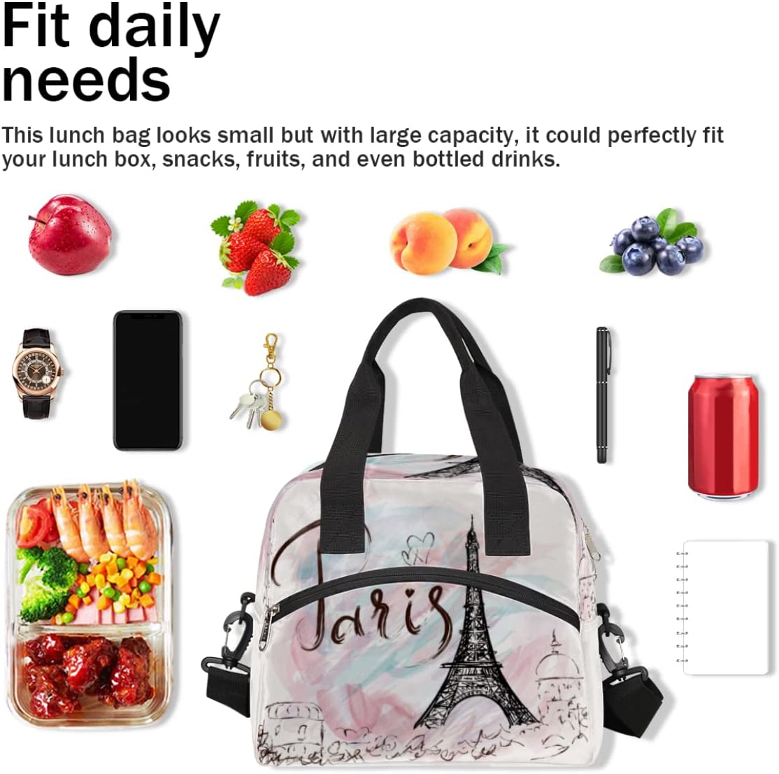 Bolsa de almuerzo con aislamiento térmico de la Torre Eiffel de París, para mujeres, hombres, niñas, niños, romántica bolsa de almuerzo con correa