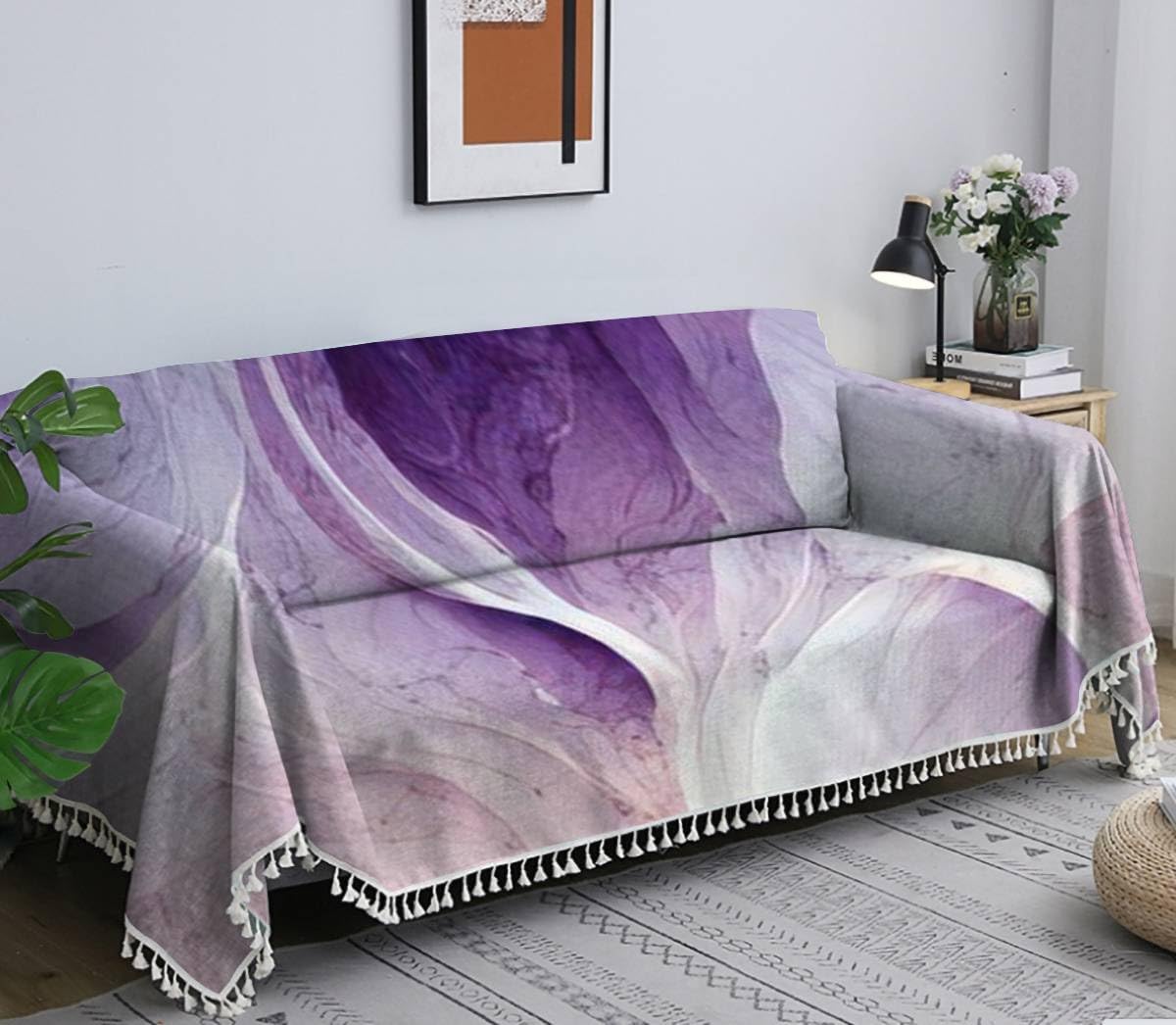 Fundas de sofá abstractas de lujo púrpura mármol textura de mármol hermosas fundas de sofá abstractas suaves con borlas para sofá, manta para