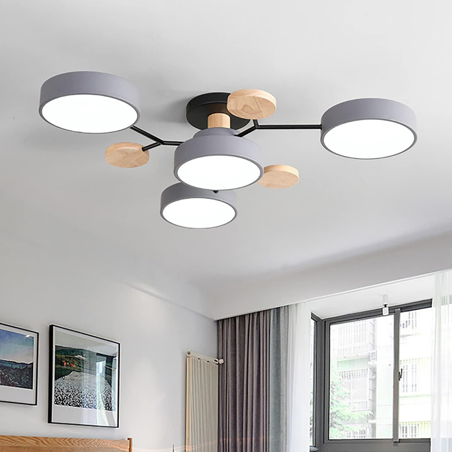 Liudefa Lámpara LED de techo, 26 pulgadas, 4 luces, luces de techo modernas, montaje empotrado, lámpara de madera regulable de 32 W para sala de