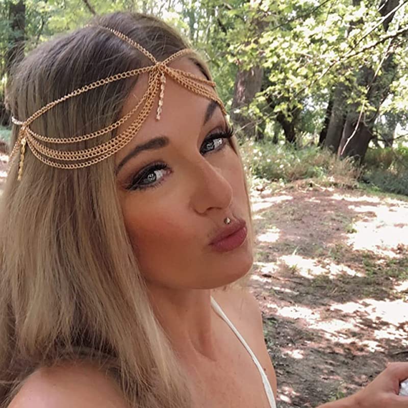 Catery Cadena de pelo de oro para novia, diadema con borlas bohemias para la cabeza, cadena de diamantes de imitación, joyería para el cabello,