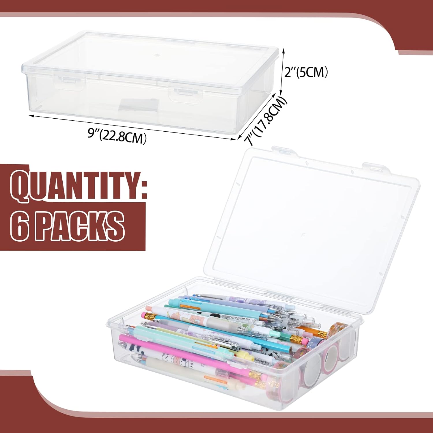 Qunclay 6 cajas de almacenamiento de plástico de 7 x 9 x 2 pulgadas con tapa, organizadores de manualidades, contenedores de plástico transparente,