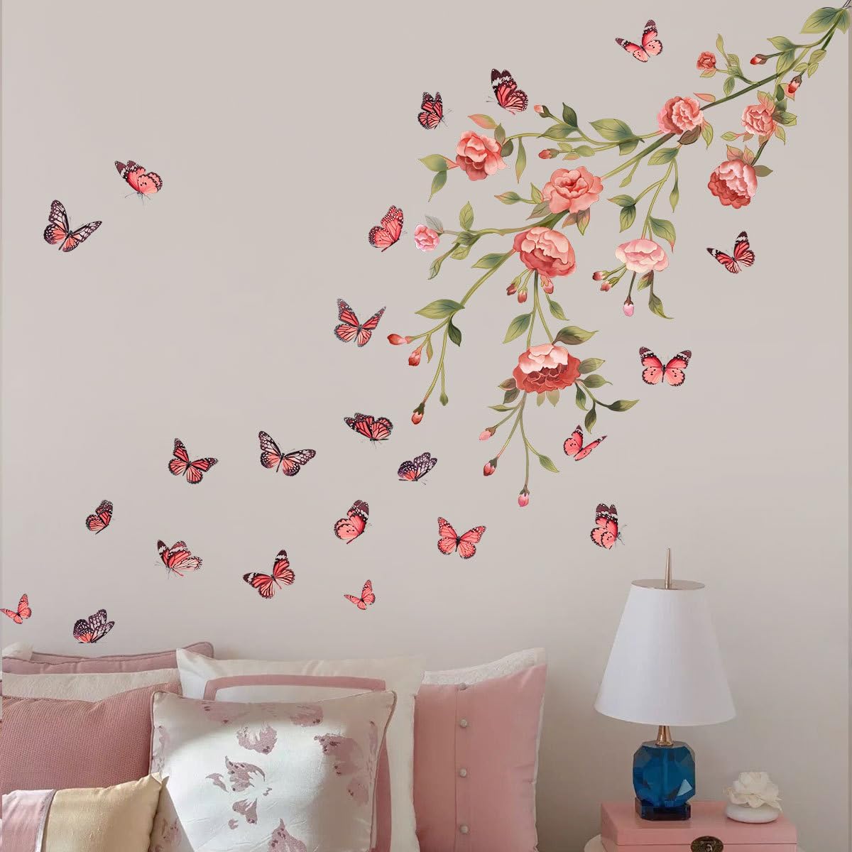 Adhesivo de pared de flores rojas con diseño de mariposas revoloteantes, decoración de pared de plantas florales, papel tapiz para despegar y pegar,