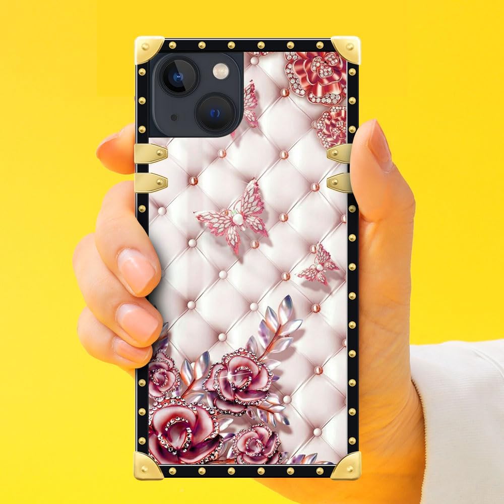 Yuning419 Funda compatible con iPhone 15 Plus, diseño de diamantes de mariposa, para niñas y mujeres, decoración de lujo, cuadrada, suave, TPU a