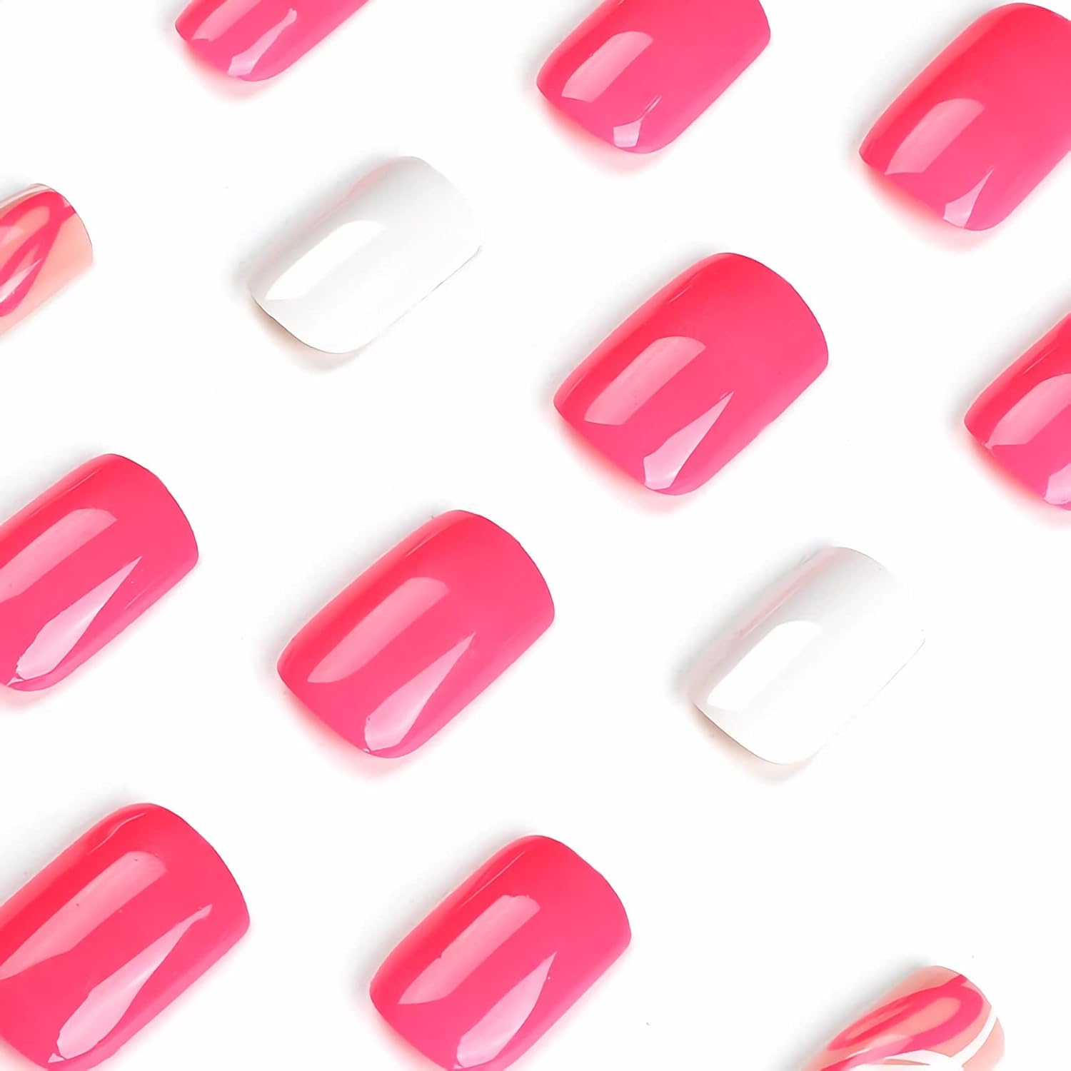 BABALAL Uñas postizas cuadradas a presión, medianas, color rosa intenso, para el verano, uñas acrílicas cuadradas ovaladas brillantes para mujeres y