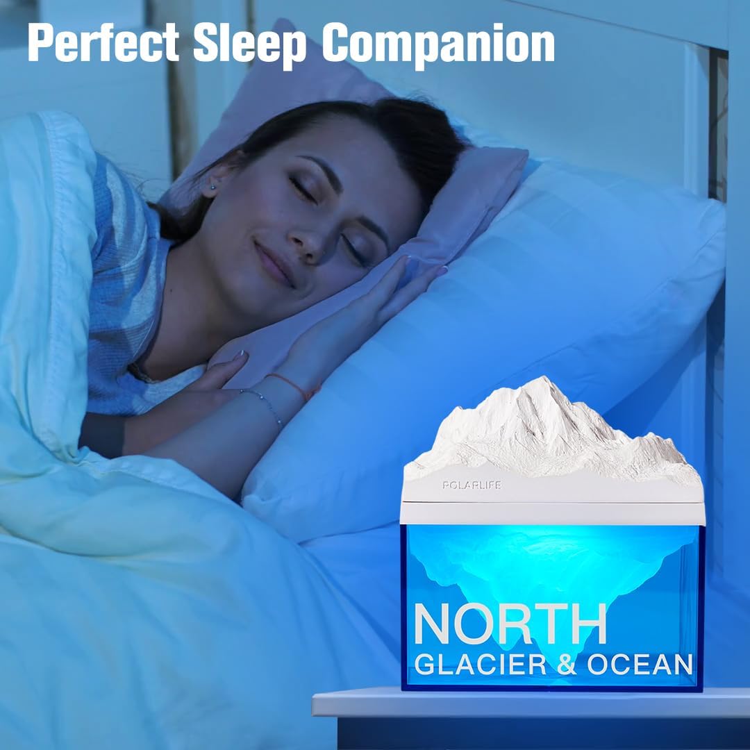 EQURA Luz nocturna glacial, lámpara de noche recargable con sonido relajante de ruido blanco, luz nocturna ambiental portátil para decoración de