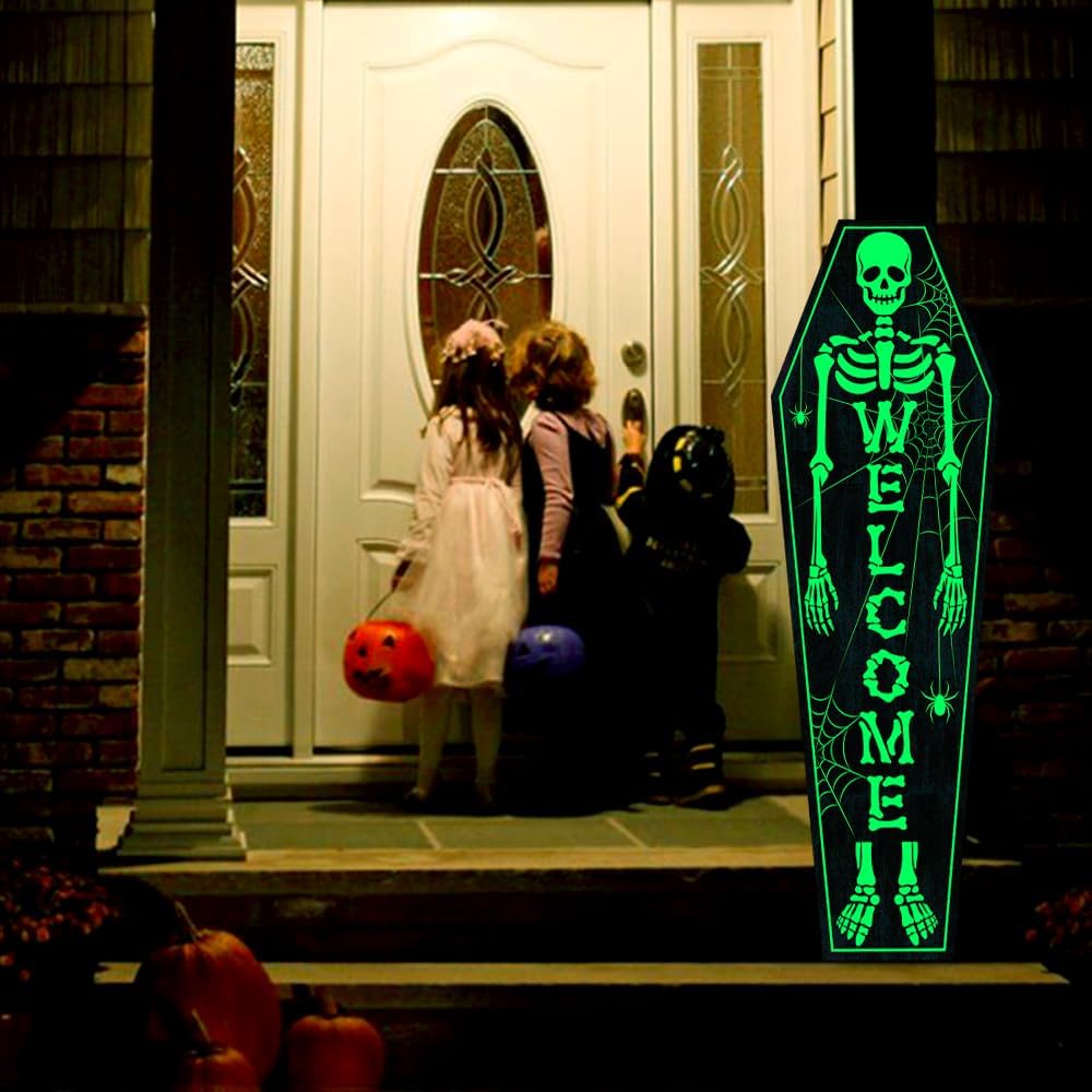 Decoraciones de Halloween para exteriores que brillan en la oscuridad gran esqueleto de ataúd aterrador, letrero de bienvenida para porche delantero