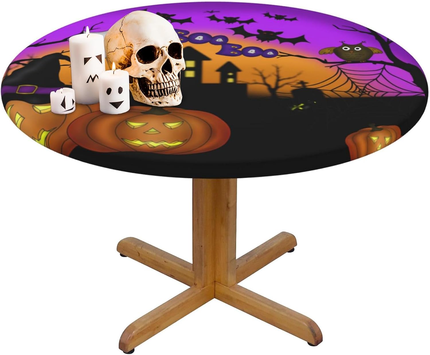 Mantel redondo de Halloween con borde elástico, castillo de calabaza, fantasma, murciélago, lavable, lavable, mantel de poliéster para cocina,