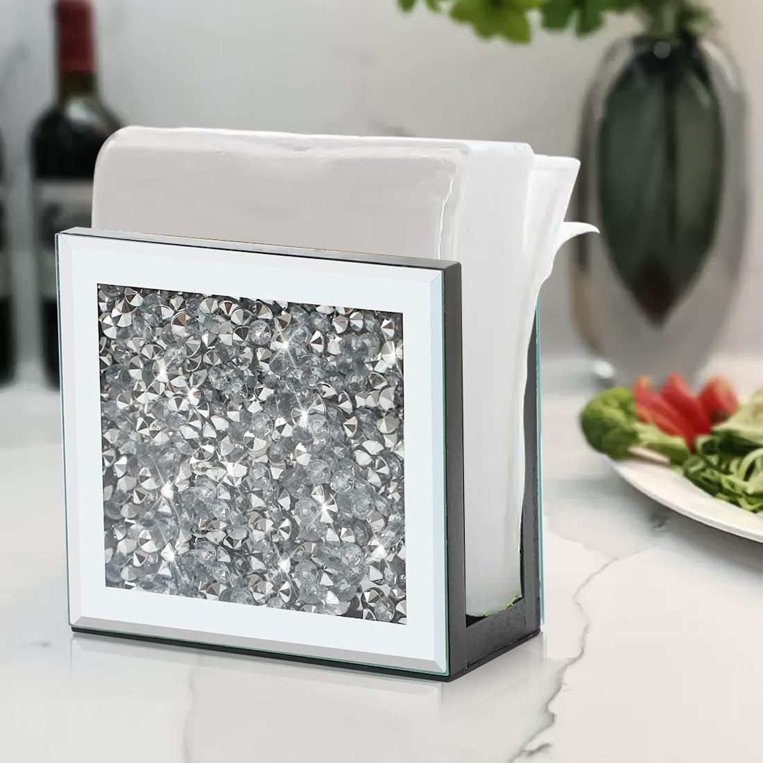 Servilletero con espejo, soporte vertical de diamante triturado de cristal, bonito soporte de servilleta de espejo de vidrio para mostrador o mesa.