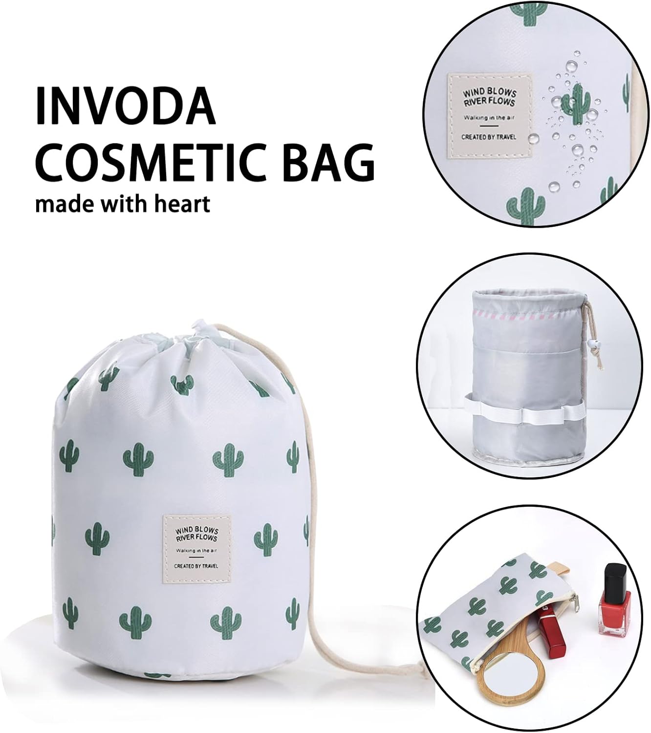 INVODA Bolsa de cosméticos de viaje para mujer, organizador de maquillaje con cordón, portátil, multifuncional, impermeable, bolsa de barril de