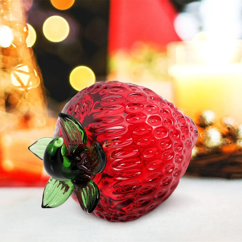 Beavorty Adorno de fresa de cristal soplado de fresa, 2 piezas, figura coleccionable de fresa, pisapapeles de vidrio de fruta, decoración de mesa de