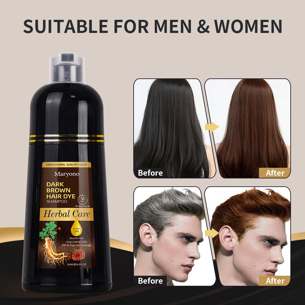 Maryono Champú de tinte para el cabello castaño oscuro 3 en 1, champú de tinte para cabello para cobertura de cabello gris, champú de color de