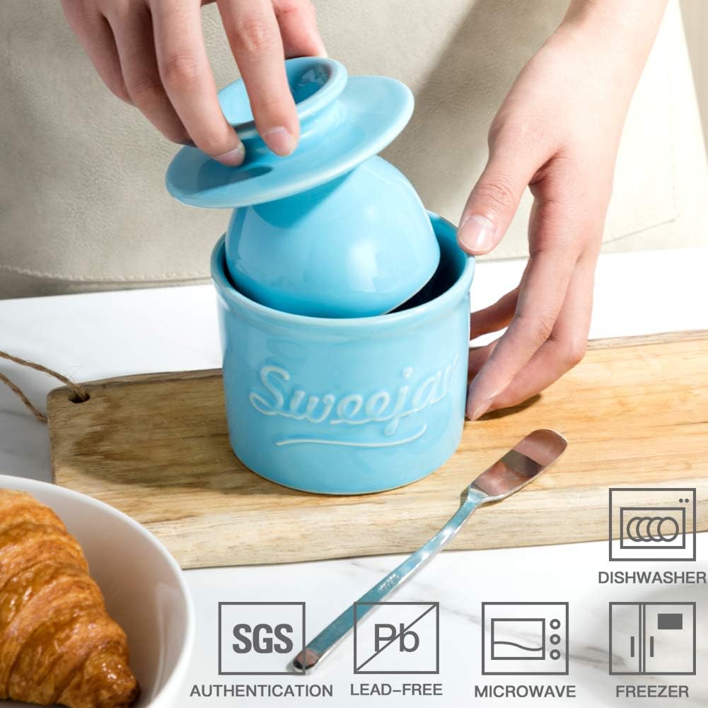 SWEEJAR Mantequilla de porcelana, manteca francesa mantiene la mantequilla fresca, suave y untable, sirve mantequilla fácil para los amantes del