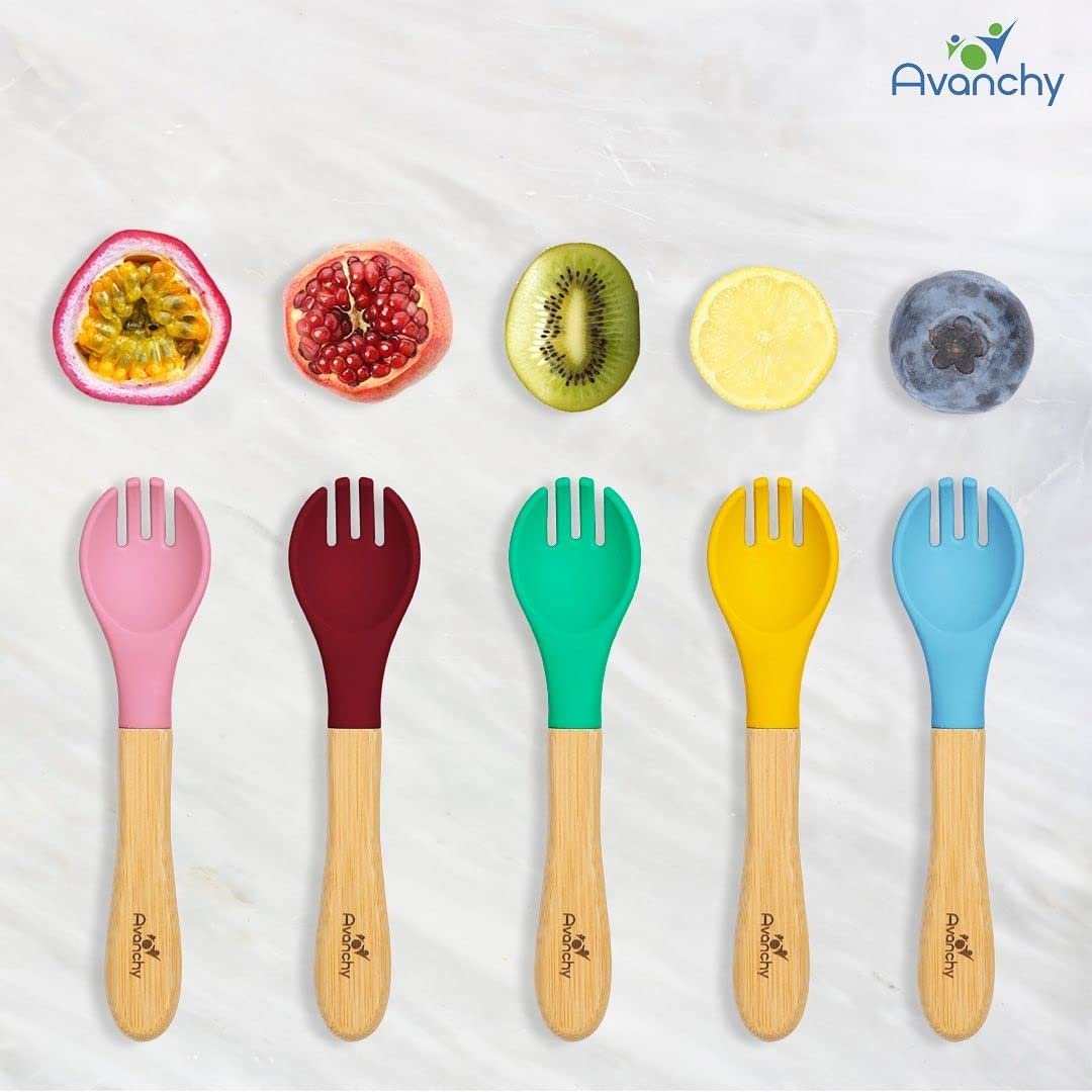 Avanchy Juego de tenedores para bebé, utensilios de bambú y silicona, cubiertos de destete LED para bebés, cubiertos de cubiertos para niños