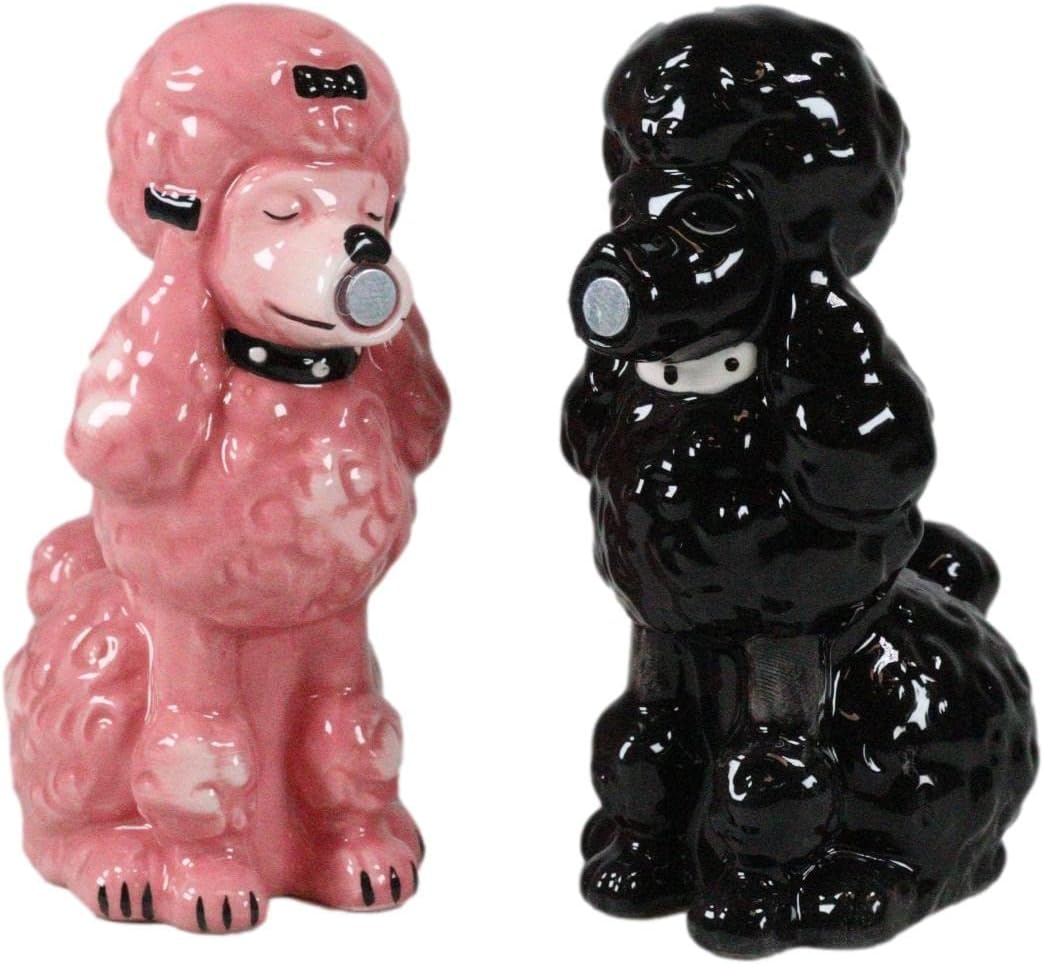 Ebros Gift Chien Canne – Juego de figuras de cerámica para perros de alta moda, color negro y rosa, salero y pimentero, 4 pulgadas de alto, para