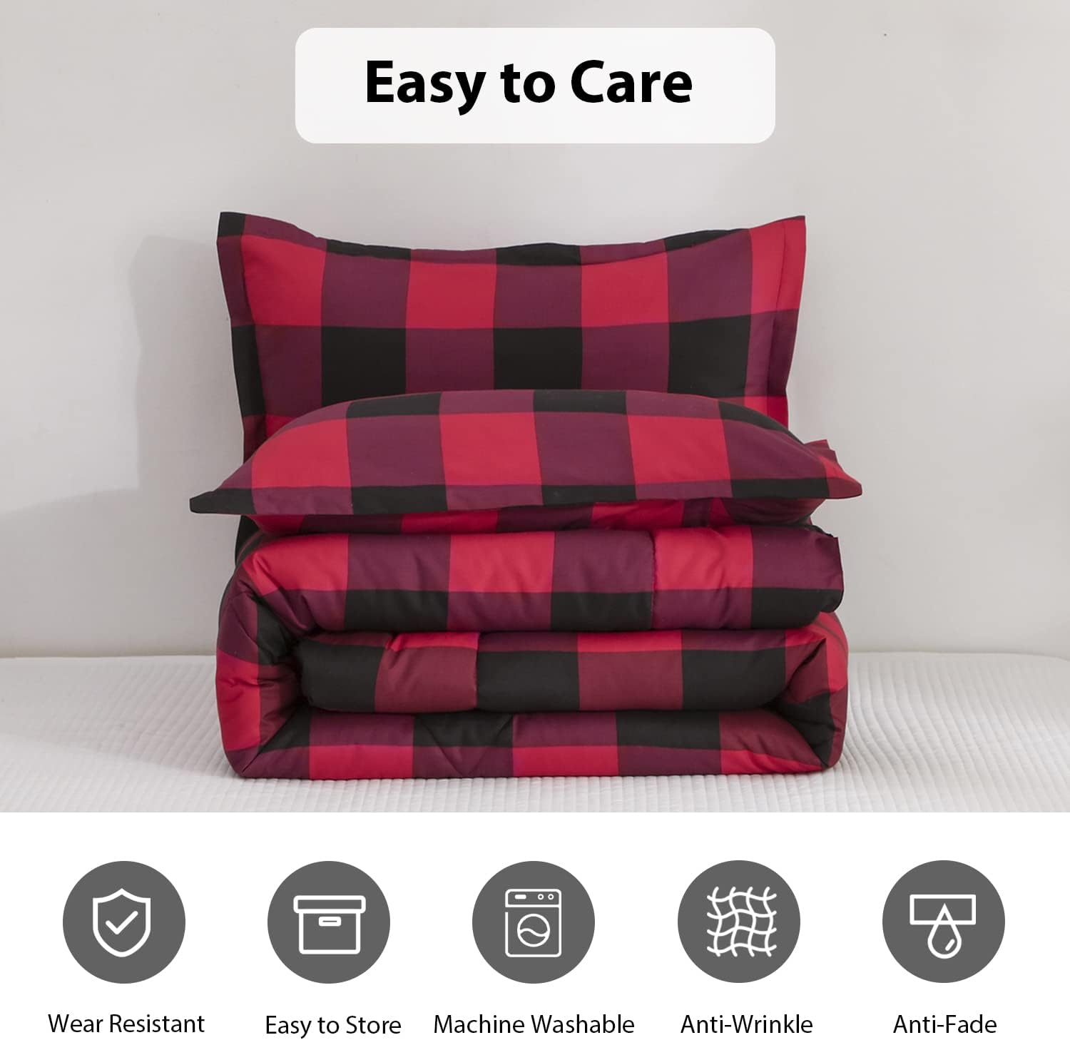 LUCKYBULL Juego de edredón tamaño matrimonial de 3 piezas, juego de ropa de cama esponjoso a cuadros rojos, edredón alternativo a cuadros de búfalo