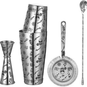 Juego de coctelera Kit de accesorios de barra de 5 piezas con agitador Boston pesado, colador, jigger, cuchara mezcladora con patrón de rosa de Juego de coctelera Kit de accesorios de barra de 5 piezas con agitador Boston pesado, colador, jigger, cuchara mezcladora con patrón de rosa de