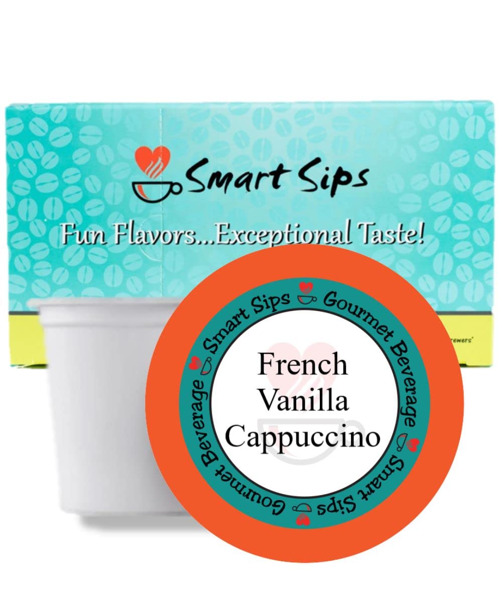Smart Sips, capuchino de vainilla francesa  Cápsulas de capuchino gourmet  Para máquinas de elaboración Keurig K-cup  24 unidades  Rico y sabroso