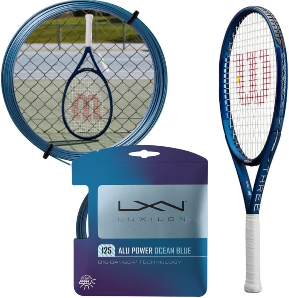 Wilson Triad Three – Raqueta de tenis con cuerda Luxilon azul océano ALU Power 125 cuerdas, combo revolucionario en un marco amigable con los brazos