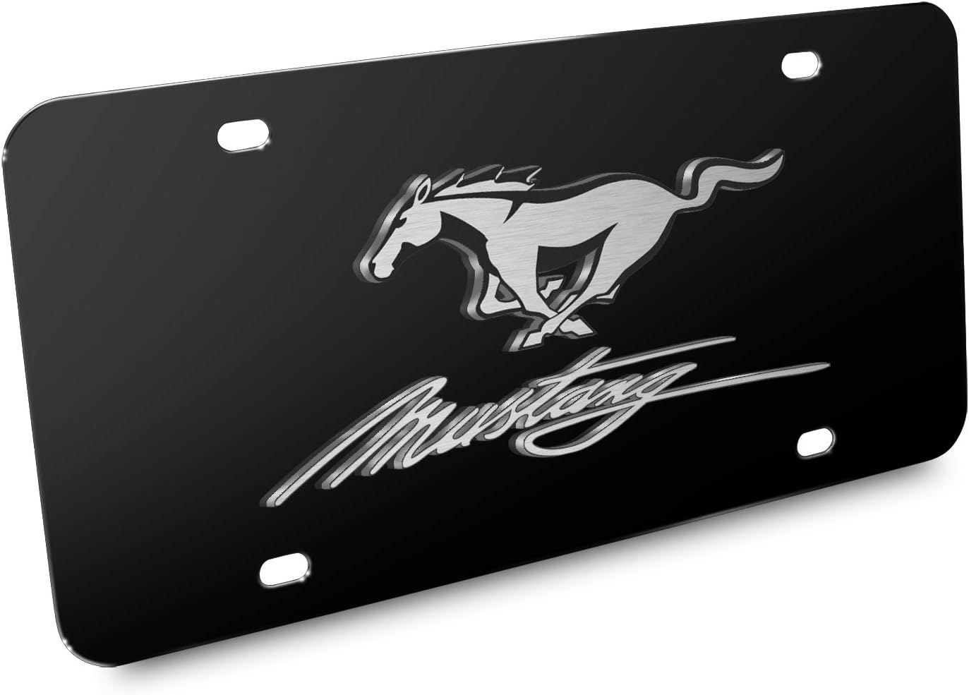 Placa de acero inoxidable negra con logotipo 3D de Ford Mustang Pony y Script, fabricada en los Estados Unidos, con licencia oficial