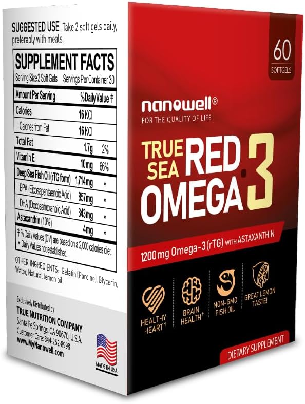 NANOWELL Omega-3 rojo con astaxantina, DHA y EPA – Apoyo inmunológico, aceite de pescado – 60 cápsulas blandas x 1 caja (60 unidades)