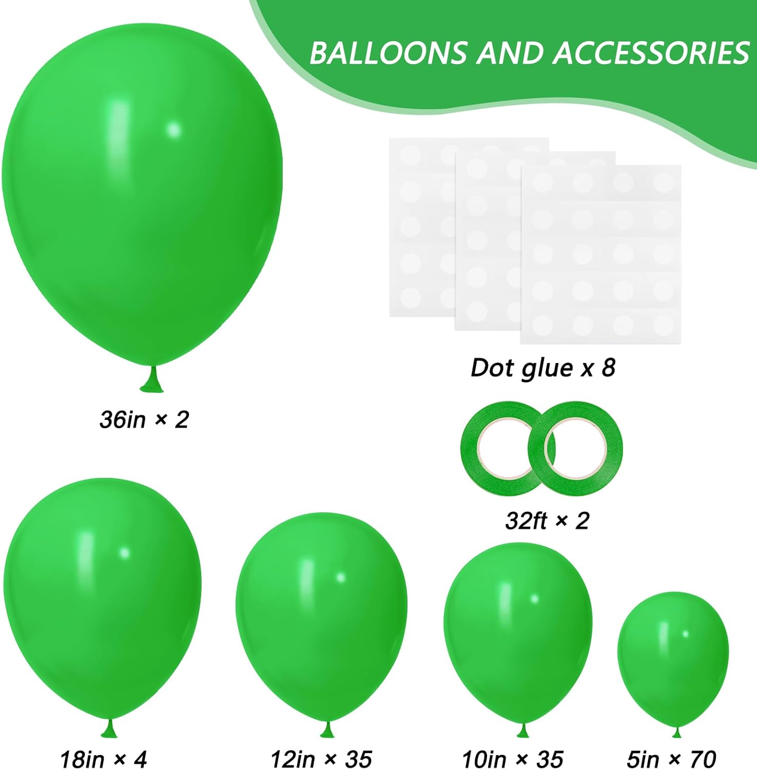 RUBFAC Globos verdes, 146 unidades de diferentes tamaños, paquete de 36, 18, 12, 10, 5 pulgadas para guirnalda de globos o arco de globos como