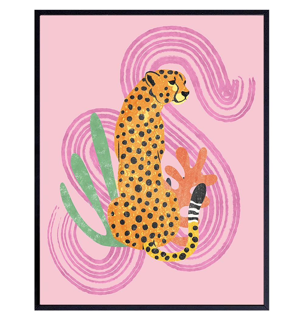 Mid Century Modern Abstract Cheetah LARGE 11×14 – Pink Boho Wall Art – Minimalist Gallery Wall Decor – Aesthetic Room Decor – Bohemian Bedroom Decor
