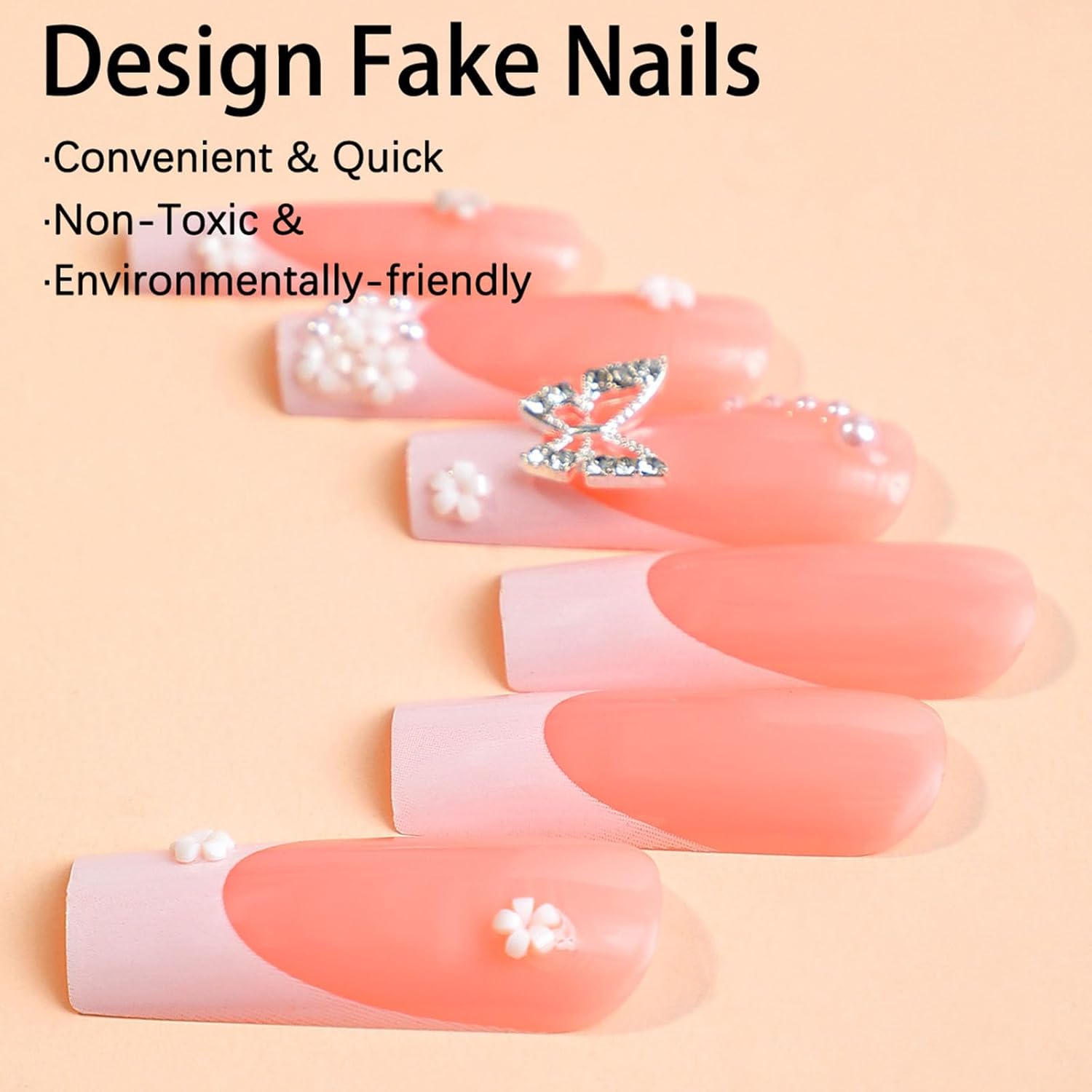 Uñas postizas a presión con punta francesa blanca y cuadradas, diseño de encantos de mariposa prearls, color rosa, uñas postizas extra largas, 24