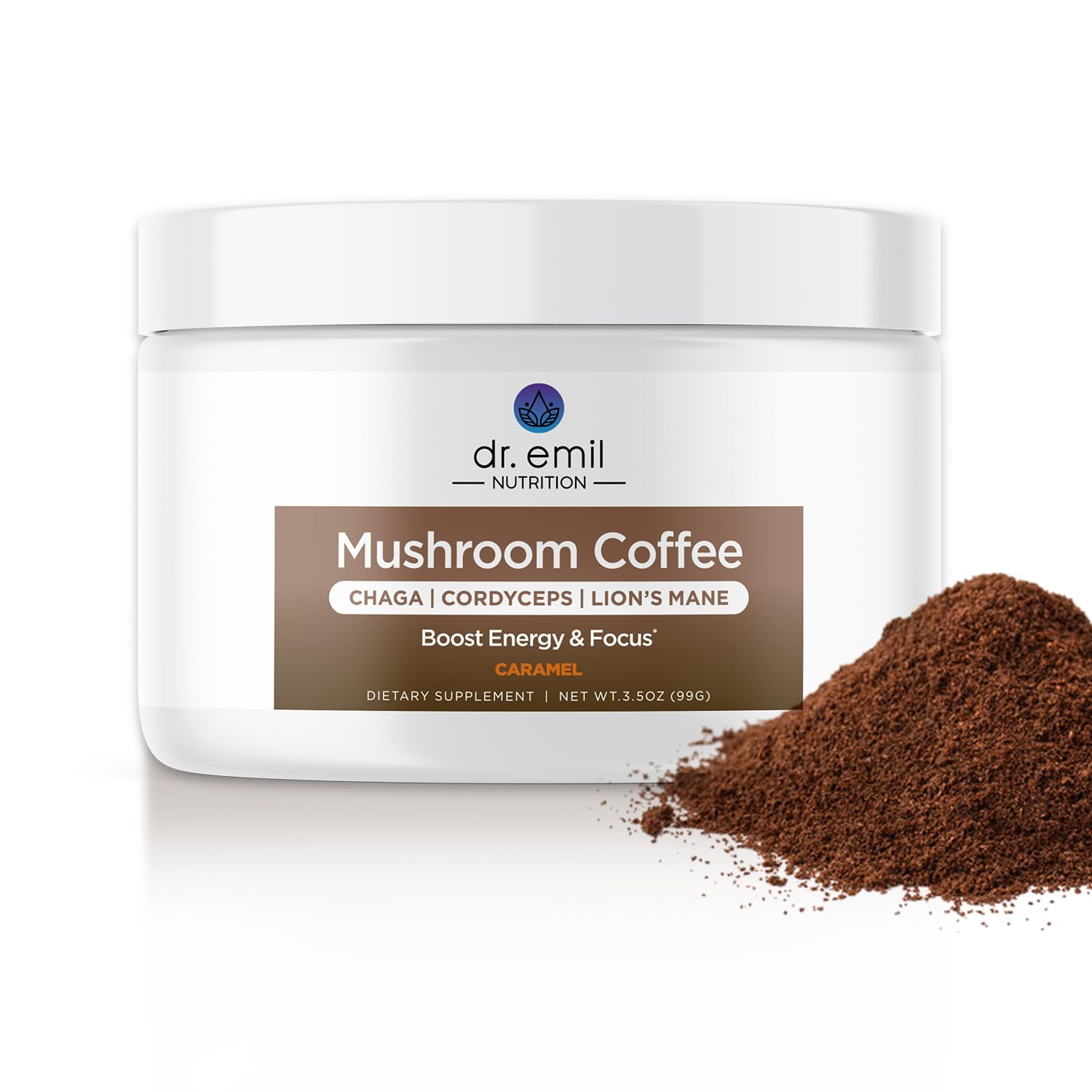 Dr. Emil – Café de hongos para concentración y energía, café instantáneo con melena de león, chaga y cordyceps – Delicioso sabor a caramelo y