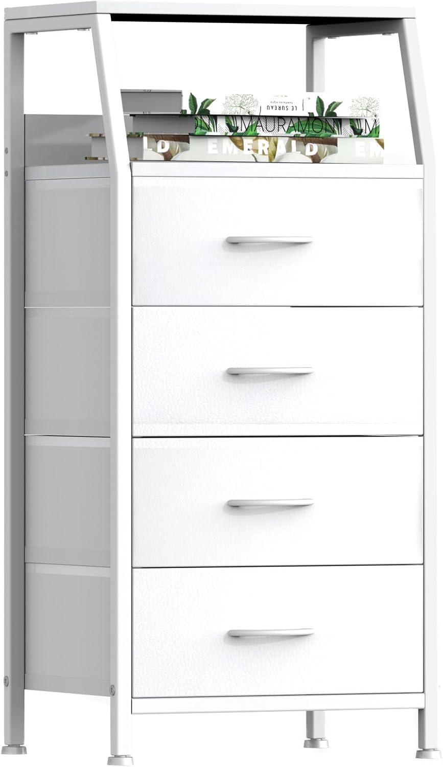 Cómoda con 4 cajones, torre de almacenamiento de tela para dormitorio, cajones de almacenamiento de ropa blanca, organizador vertical de armario