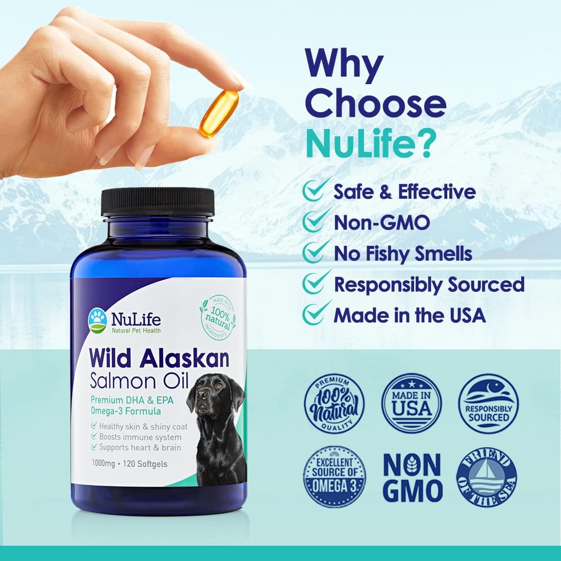 Aceite de salmón puro de Alaska salvaje para perros, suplemento de aceite de pescado Omega 3 para una piel saludable y un pelaje brillante, evita la