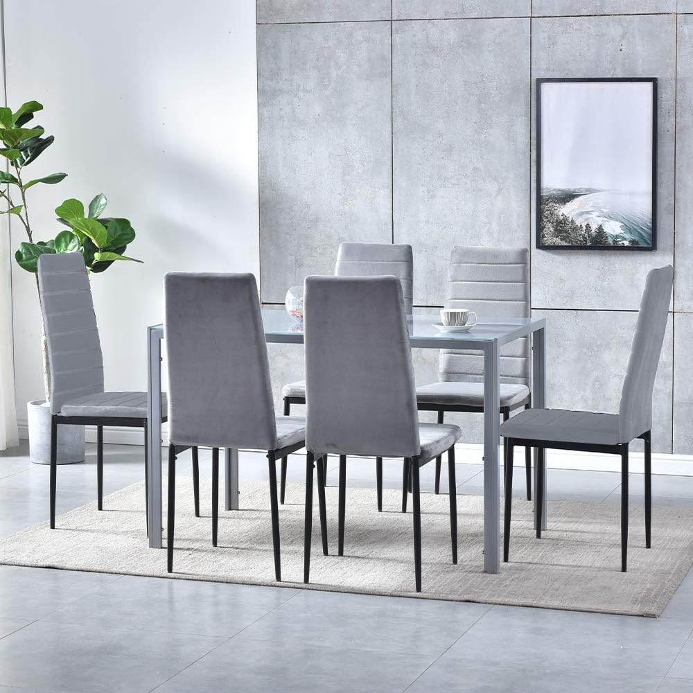 Mesa de comedor de vidrio gris rectangular con patas de metal Marco de metal Mesa de cocina de vidrio para 4 personas (gris)