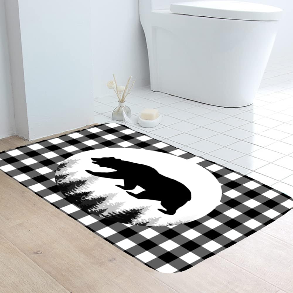 Alfombra de baño a cuadros blancos y negros con diseño de bosque de osos, alfombra de baño rústica de espuma viscoelástica, 29.5 x 17.5 pulgadas