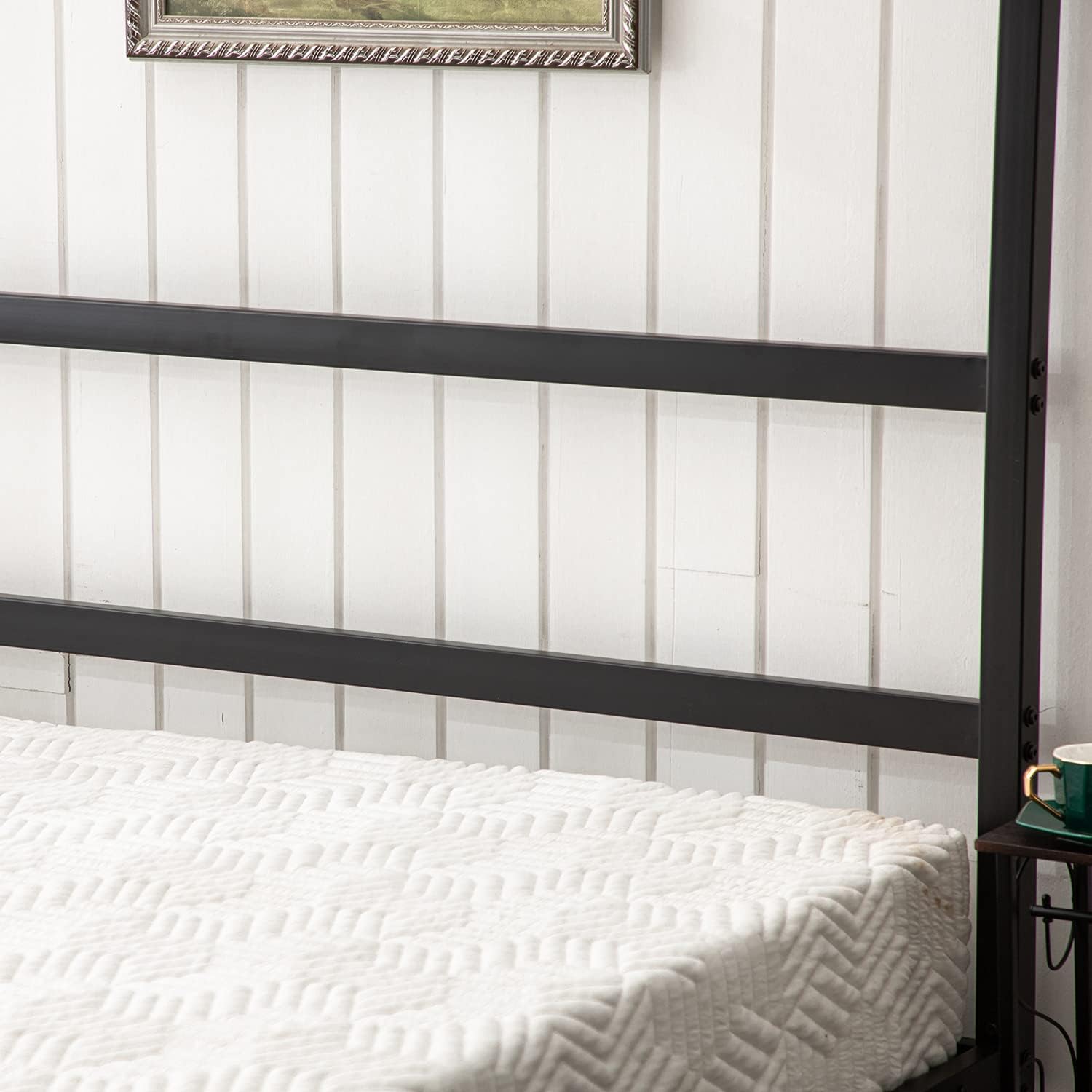 Bonnlo Marco de cama con toldo negro tamaño matrimonial con cabecero, plataforma de metal de 10 pulgadas con 4 carteles, no necesita somier